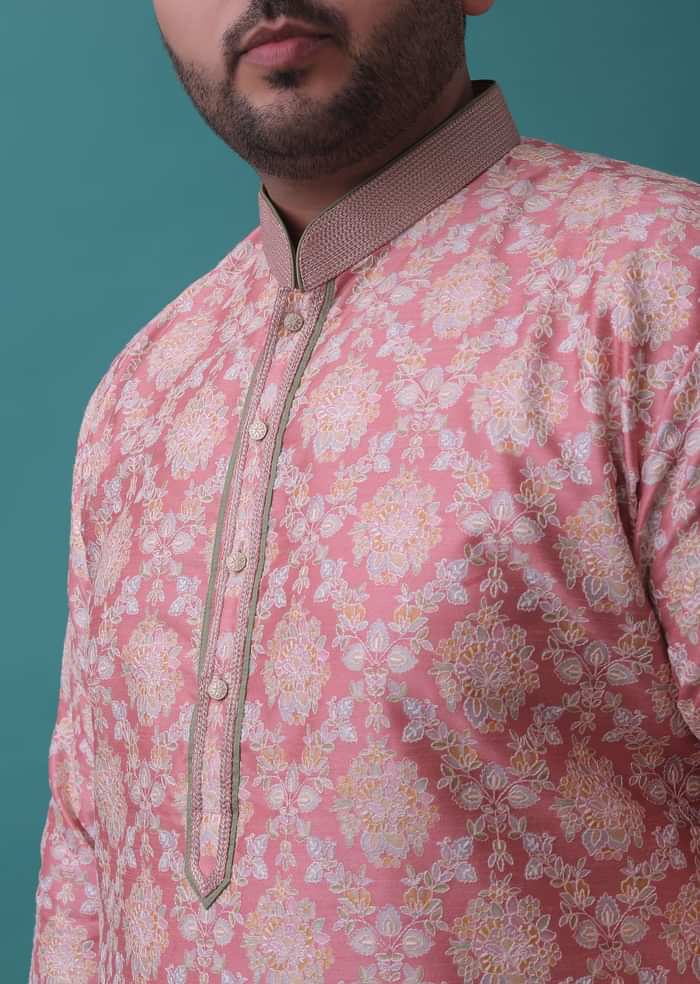 Salmon Pink Kurta Set In Bangalore Silk With Embroidered Florals