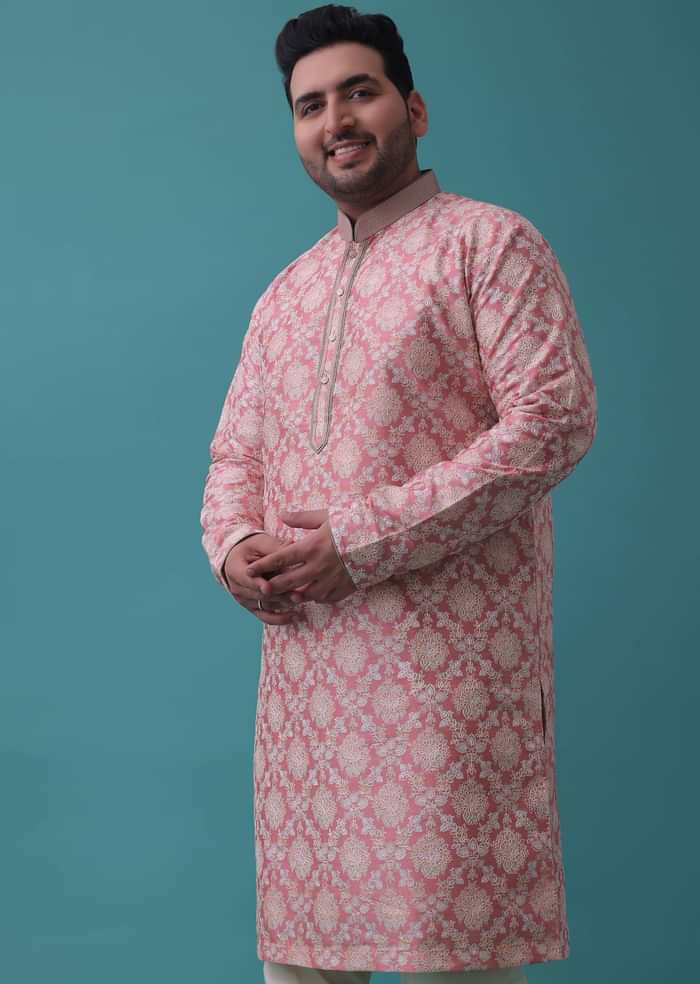 Salmon Pink Kurta Set In Bangalore Silk With Embroidered Florals