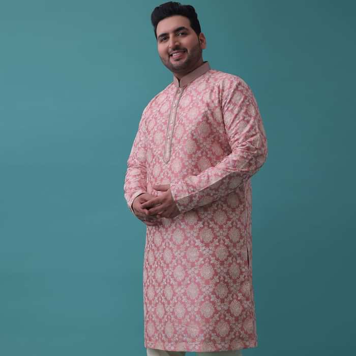 Salmon Pink Kurta Set In Bangalore Silk With Embroidered Florals