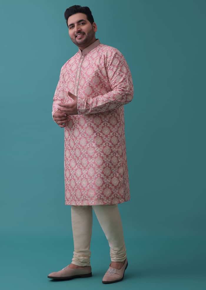 Salmon Pink Kurta Set In Bangalore Silk With Embroidered Florals