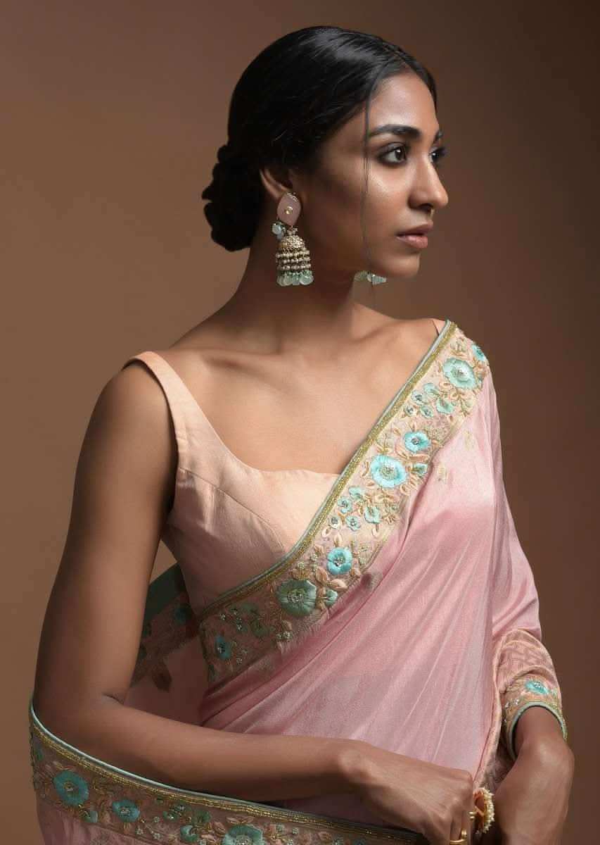 Salmon Pink Banarasi Saree In Cotton Silk With Weaved Buttis And Mesh Pattern On The Border Online - Kalki Fashion