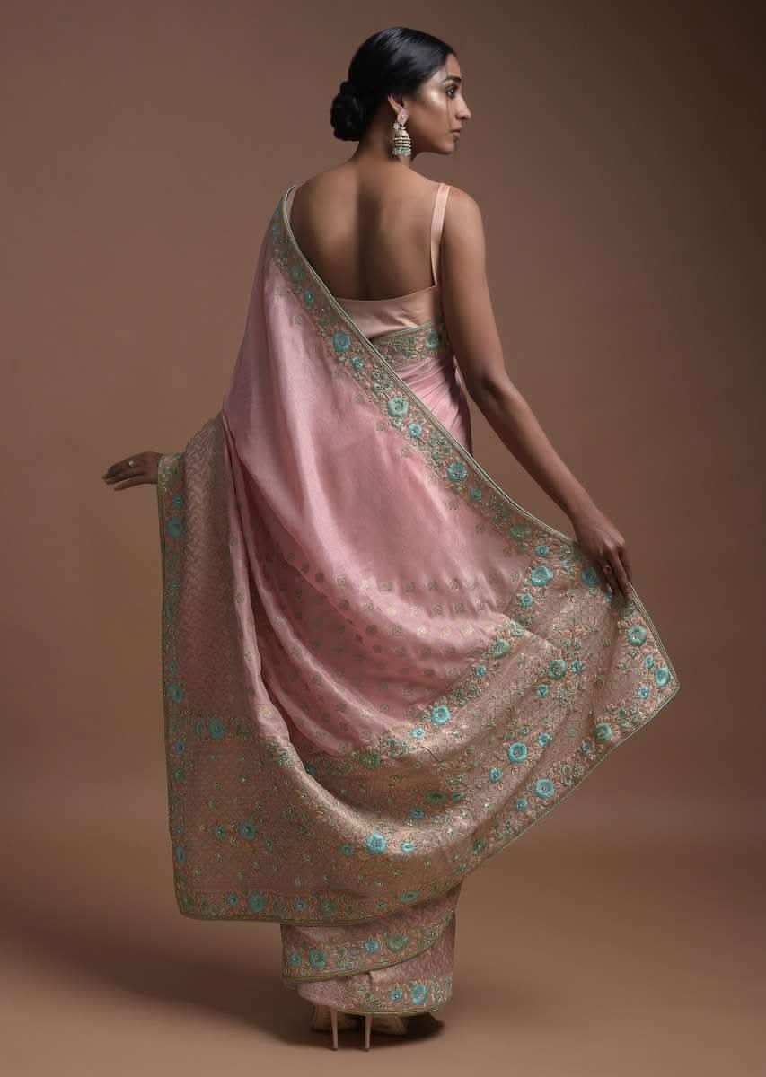 Salmon Pink Banarasi Saree In Cotton Silk With Weaved Buttis And Mesh Pattern On The Border Online - Kalki Fashion