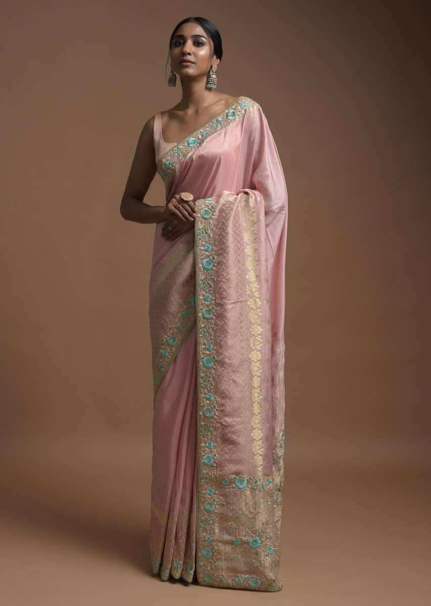 Salmon Pink Banarasi Saree In Cotton Silk With Weaved Buttis And Mesh Pattern On The Border Online - Kalki Fashion