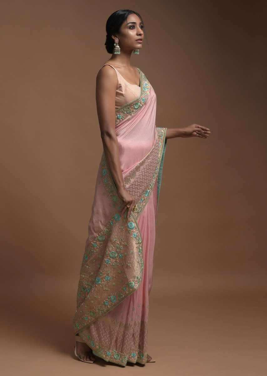 Salmon Pink Banarasi Saree In Cotton Silk With Weaved Buttis And Mesh Pattern On The Border Online - Kalki Fashion