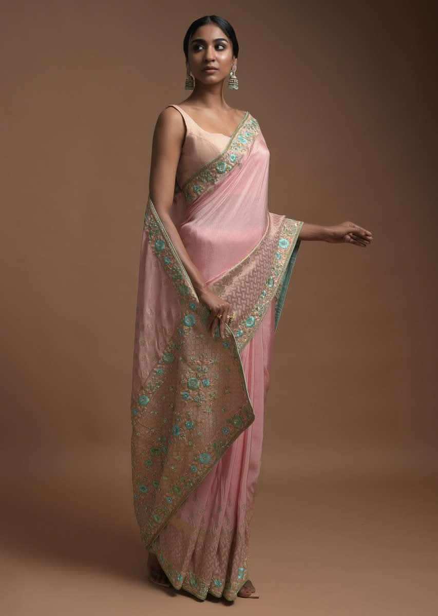 Salmon Pink Banarasi Saree In Cotton Silk With Weaved Buttis And Mesh Pattern On The Border Online - Kalki Fashion