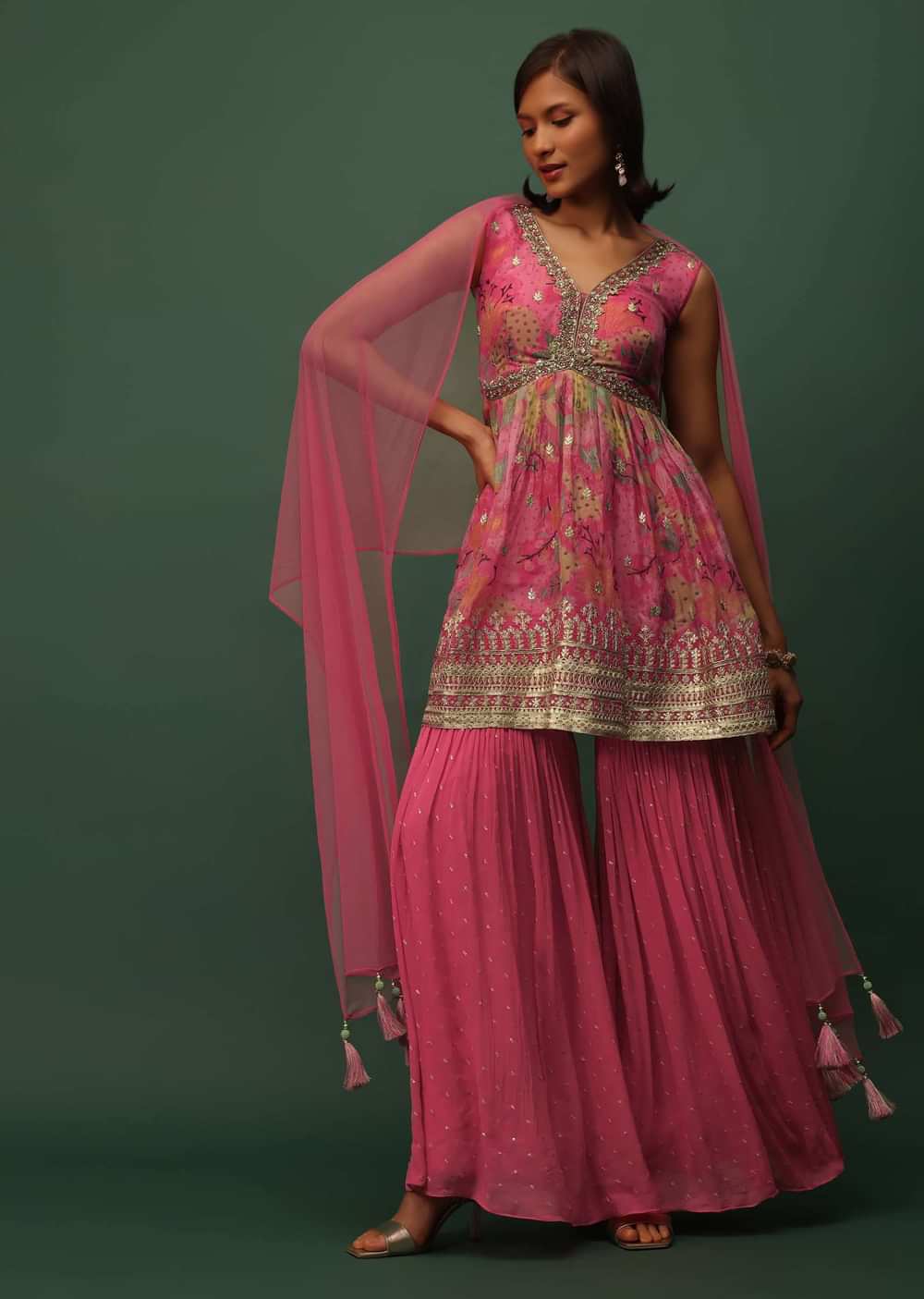 Salmon Pink Georgette Sharara And Peplum Top Set With Zari And Cutdana Embroidery