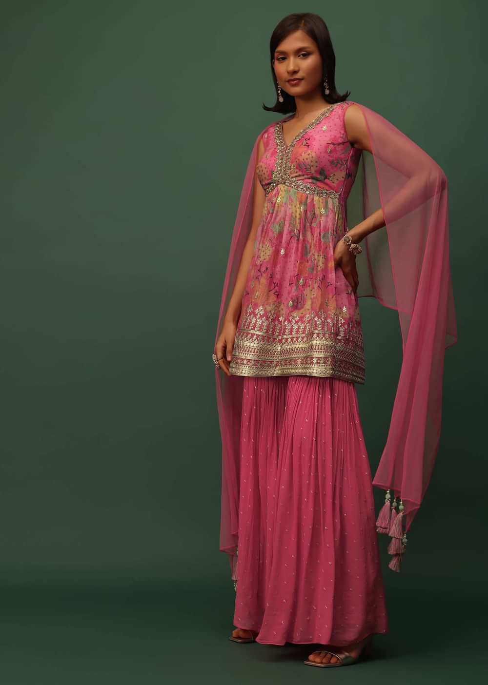 Salmon Pink Georgette Sharara And Peplum Top Set With Zari And Cutdana Embroidery
