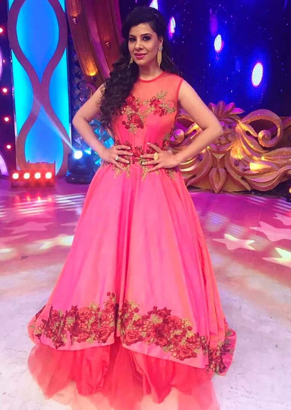 Sambhavna Seth in Kalki pink resham embroidered gown