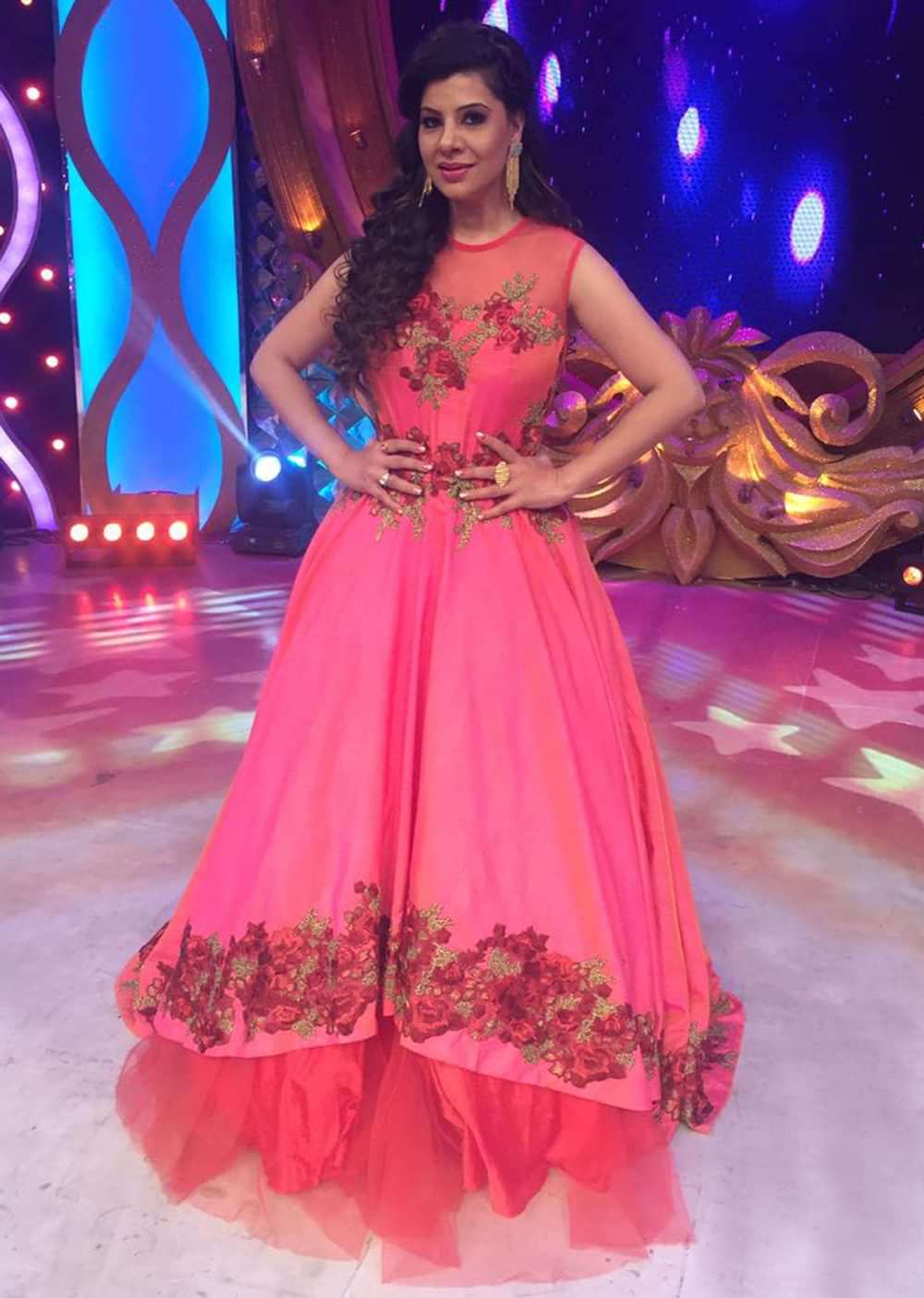 Sambhavna Seth in Kalki pink resham embroidered gown