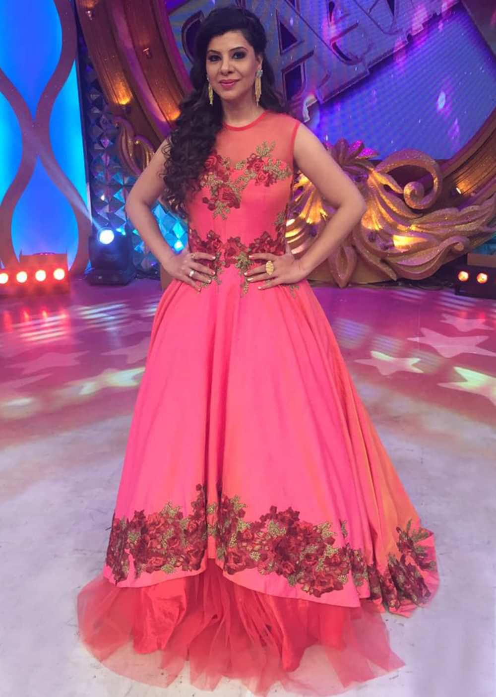 Sambhavna Seth in Kalki pink resham embroidered gown