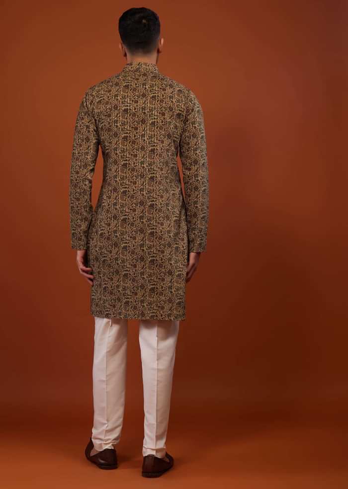 Coffee Brown Floral Embroidered Kurta Set In Suede Velvet