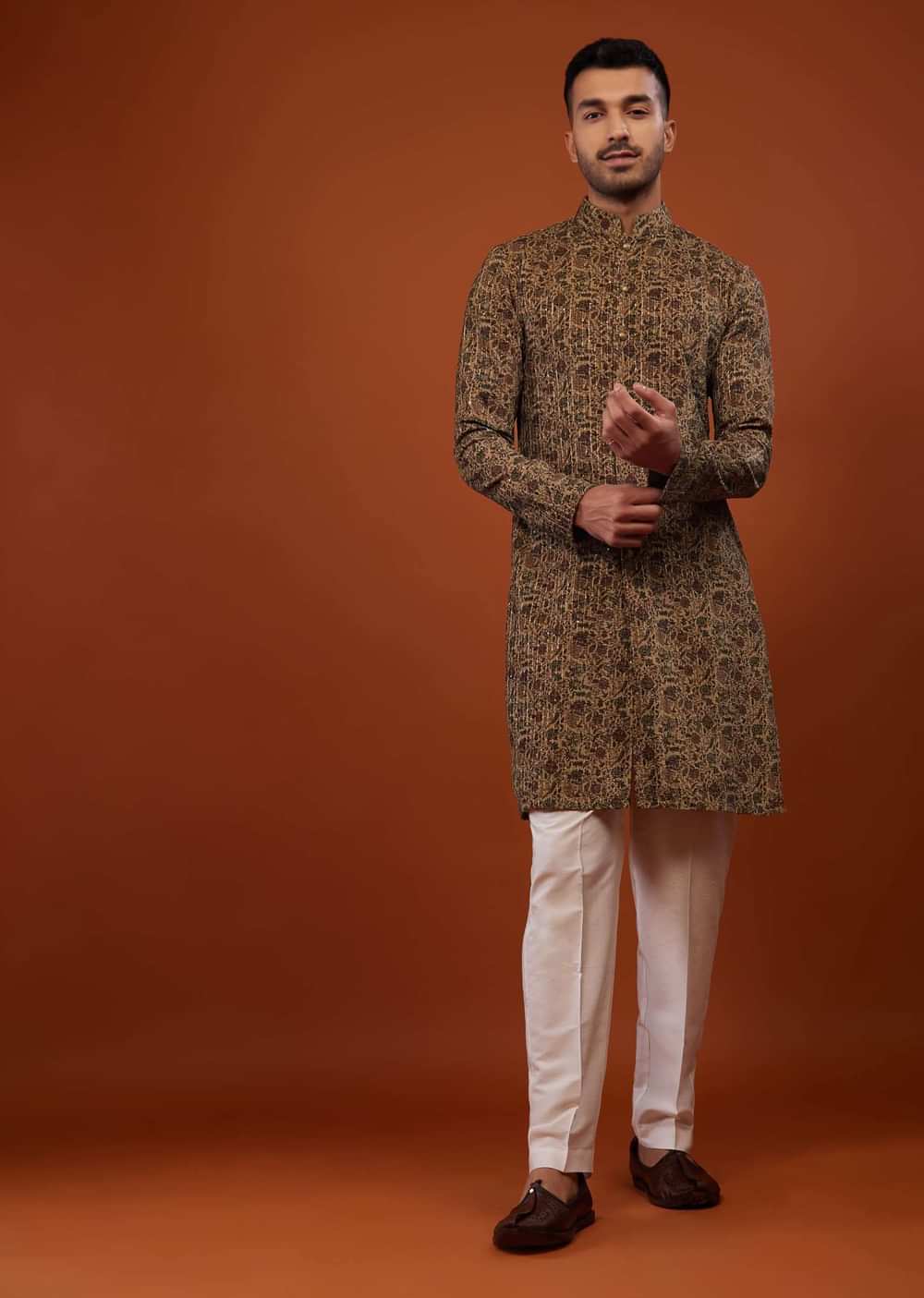 Coffee Brown Floral Embroidered Kurta Set In Suede Velvet