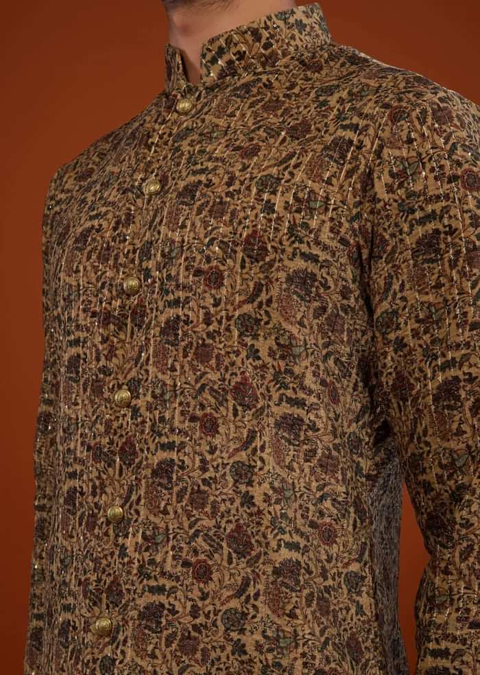 Coffee Brown Floral Embroidered Kurta Set In Suede Velvet