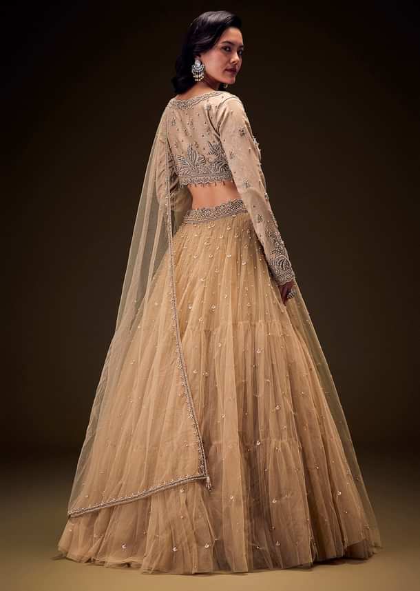 Sand Beige Net Hand Embroidered Pearl Work Lehenga Set
