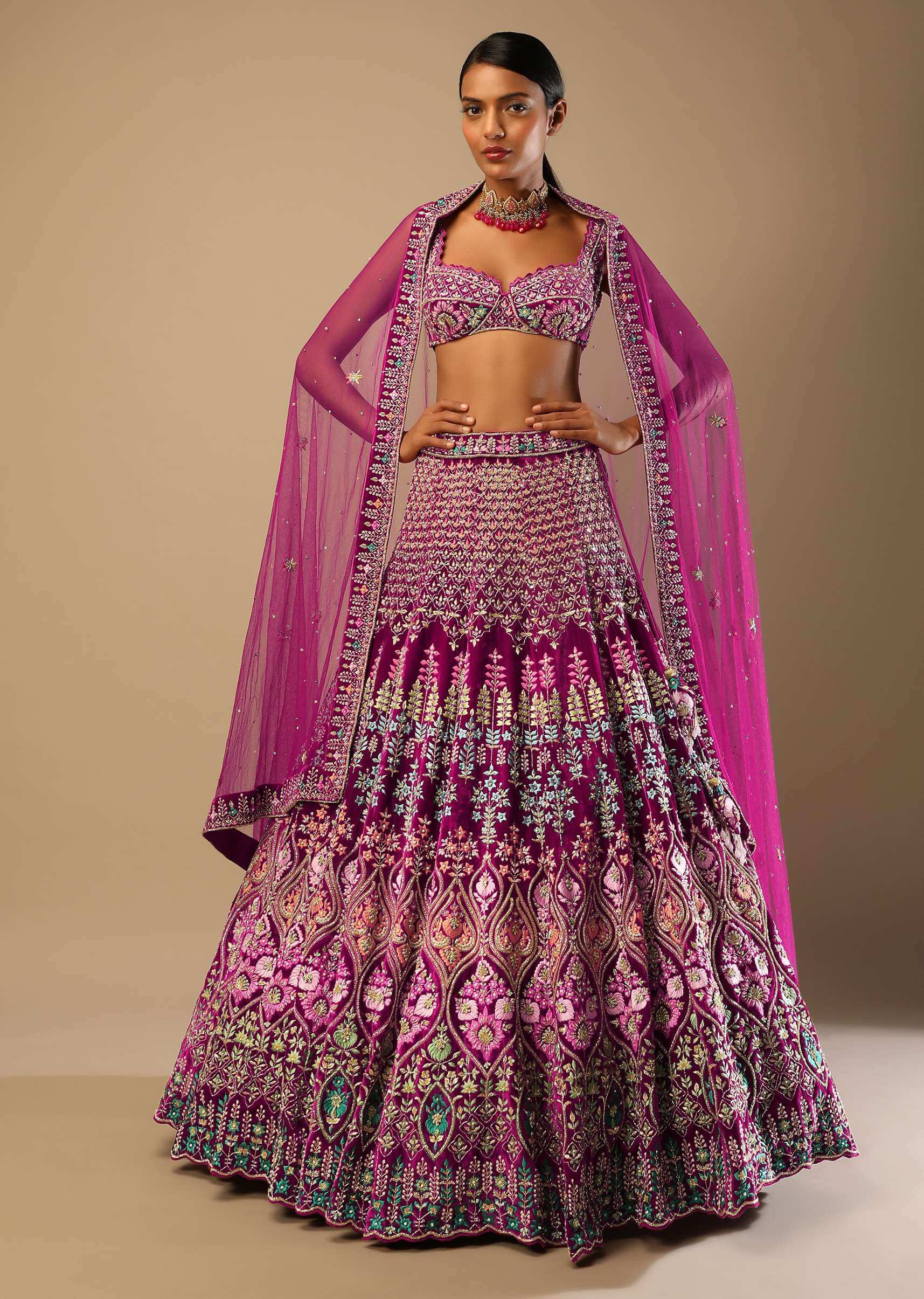 Sangria Lehenga Choli In Velvet With Colorful Resham And Sequin Flowers And Golden Cut Dana Adorned Moroccan Motifs