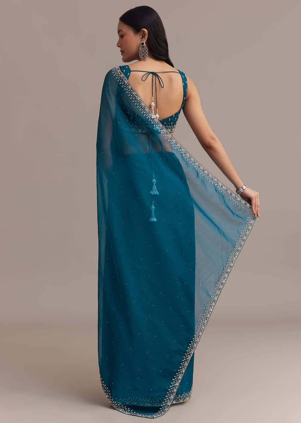 Sapphire Blue Organza Saree With Sequins And Cutdana Embellished Border