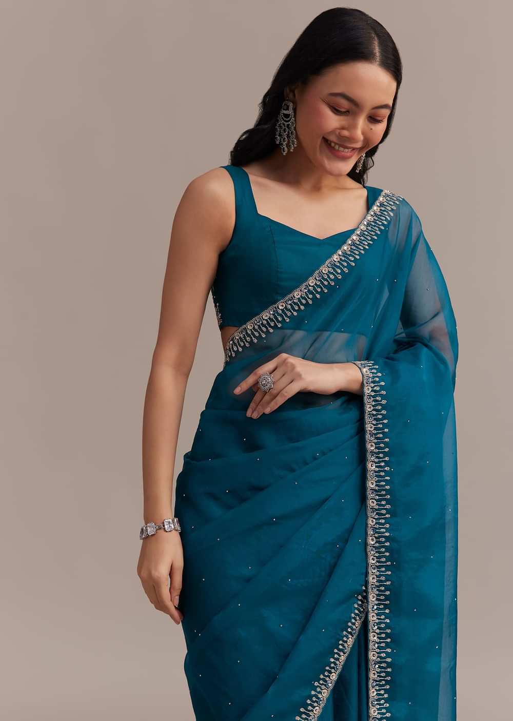 Sapphire Blue Organza Saree With Sequins And Cutdana Embellished Border