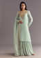 Satin Asymmetrical Kurta Set With Moti And Sequins Dupatta
