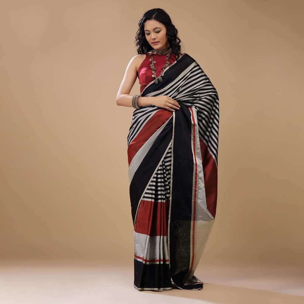 Satin Stripe Print Saree In Black Silver And Maroon Red