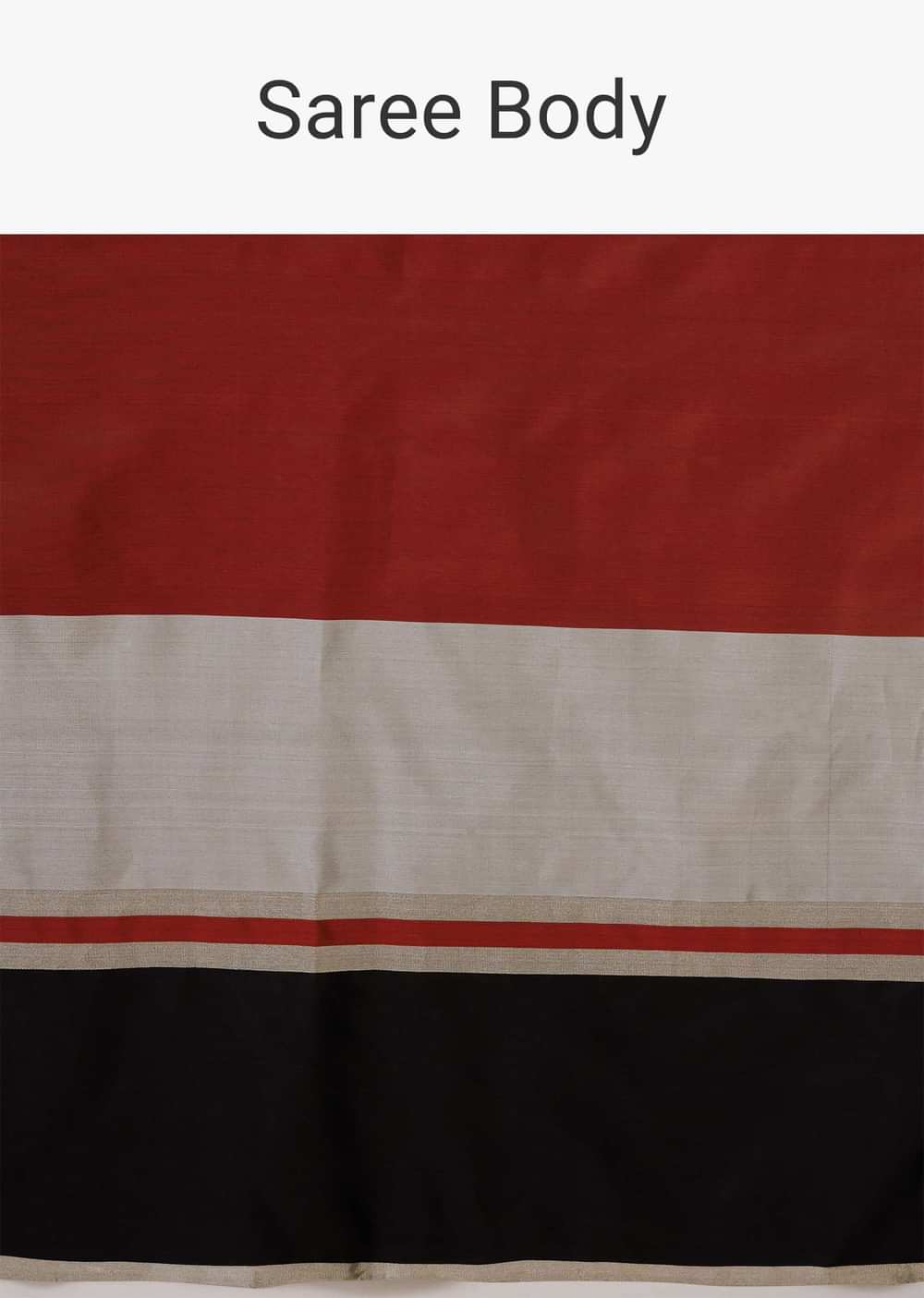 Satin Stripe Print Saree In Black Silver And Maroon Red
