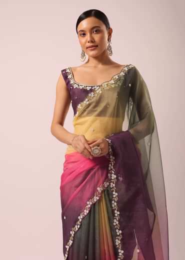 Multicolor Ombre Saree With Scallop Border in Organza