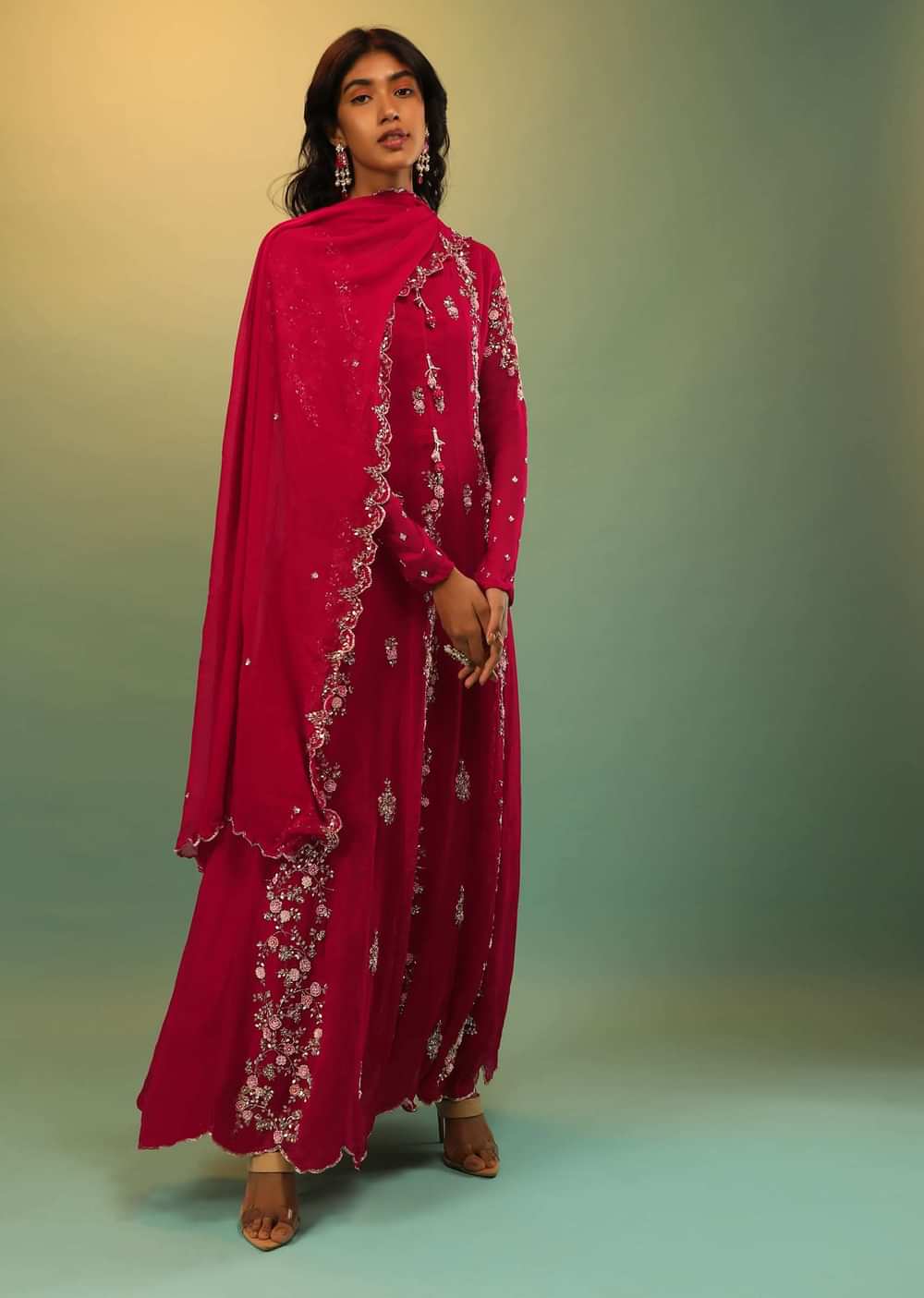 Scarlet Red Anarkali Suit In Georgette With Multi Colored Thread And Sequins Embroidered Floral Design On The Kalis Online - Kalki Fashion