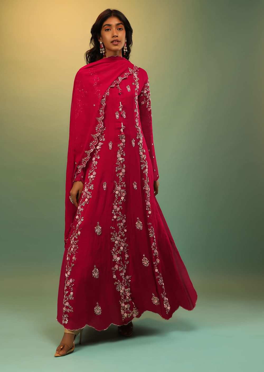 Scarlet Red Anarkali Suit In Georgette With Multi Colored Thread And Sequins Embroidered Floral Design On The Kalis Online - Kalki Fashion