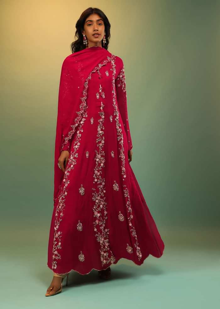 Scarlet Red Anarkali Suit In Georgette With Multi Colored Thread And Sequins Embroidered Floral Design On The Kalis Online - Kalki Fashion