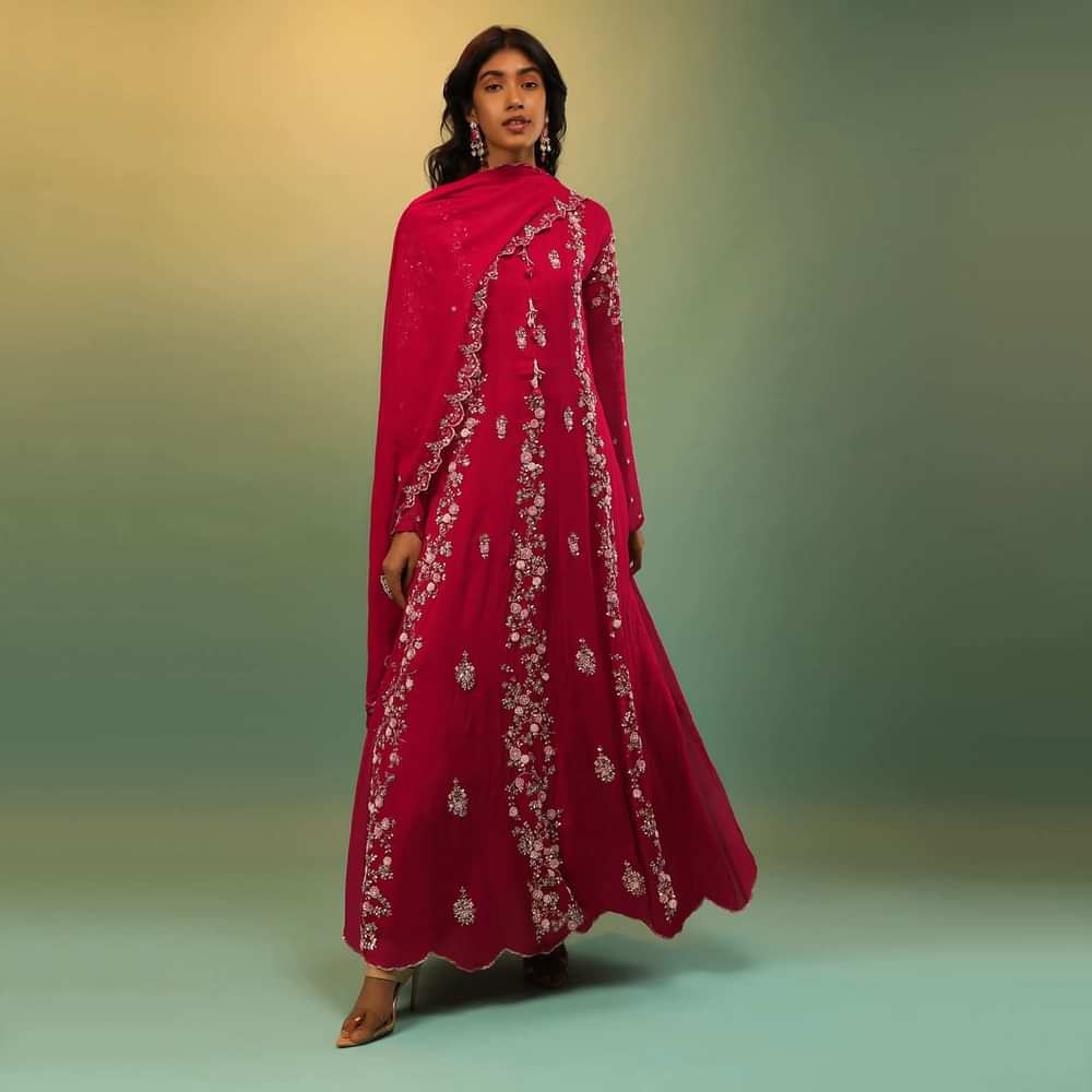 Scarlet Red Anarkali Suit In Georgette With Multi Colored Thread And Sequins Embroidered Floral Design On The Kalis Online - Kalki Fashion