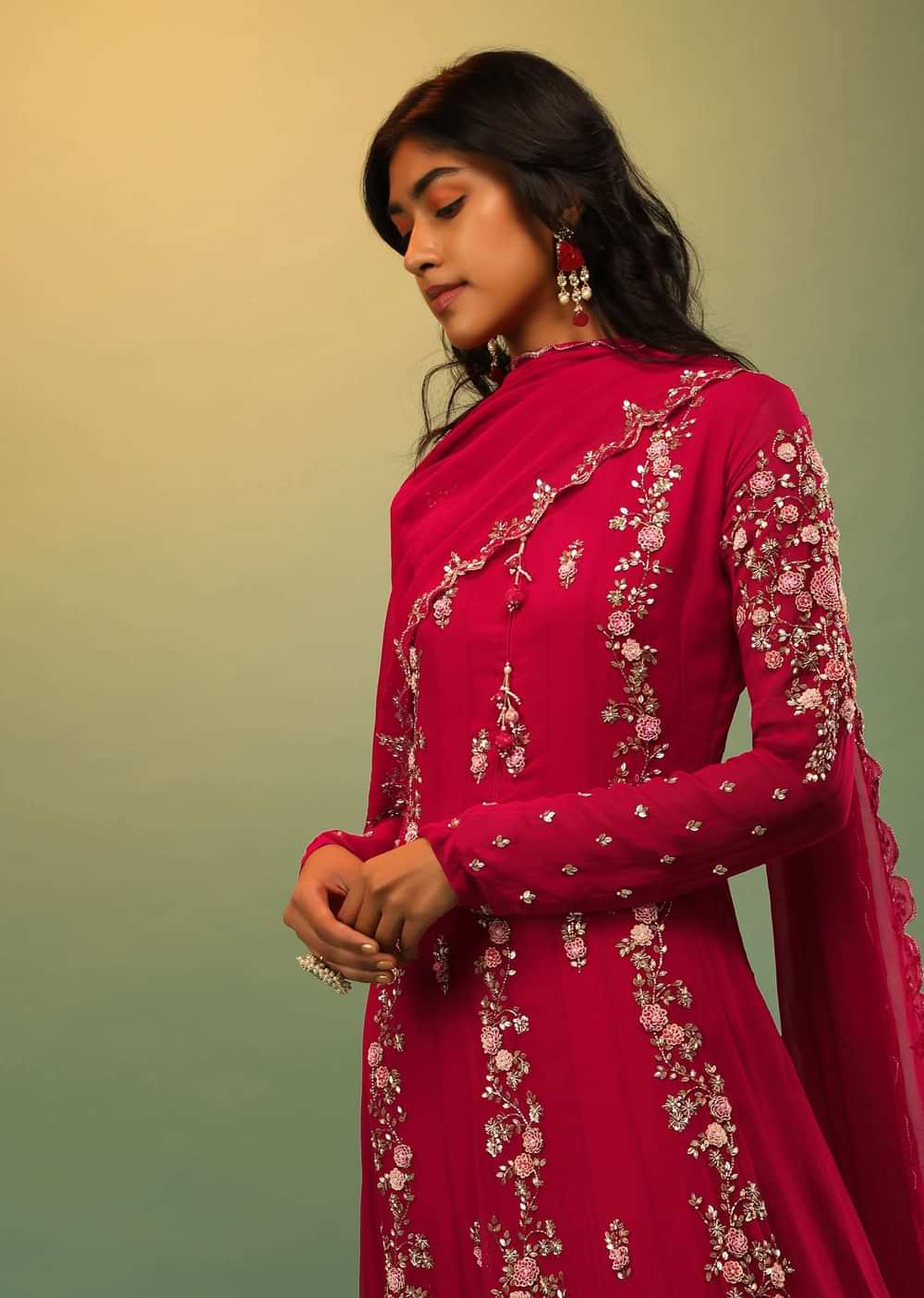 Scarlet Red Anarkali Suit In Georgette With Multi Colored Thread And Sequins Embroidered Floral Design On The Kalis Online - Kalki Fashion