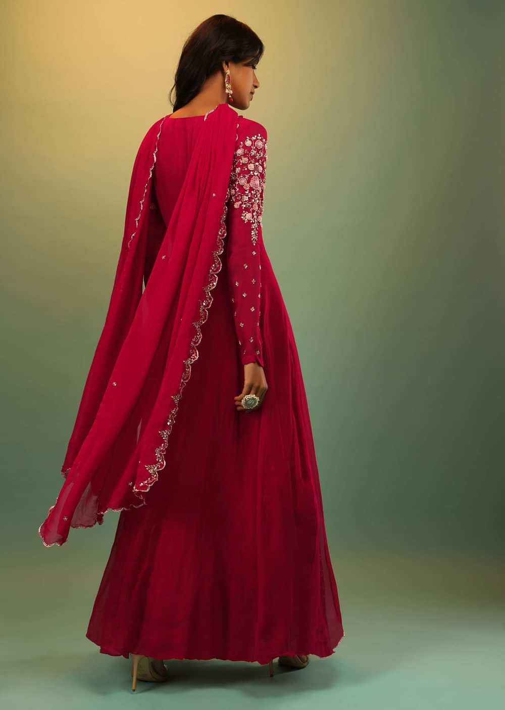 Scarlet Red Anarkali Suit In Georgette With Multi Colored Thread And Sequins Embroidered Floral Design On The Kalis Online - Kalki Fashion