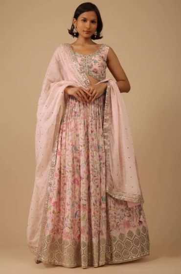 Powder Pink Lehenga Set In Chinon With Floral Print And Gota Work On The Hem