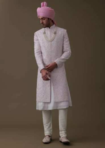Petal Pink Sherwani Set In Tussar With Moti Work