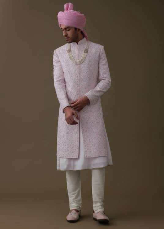 Petal Pink Sherwani Set In Tussar With Moti Work