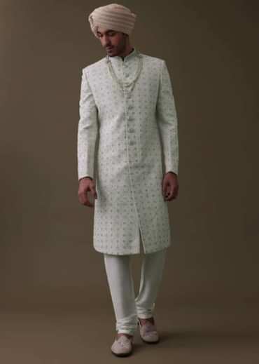 Ivory White Sherwani Set In Silk With Cut Dana Work