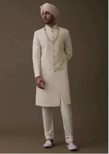 Off White Silk Sherwani Set With Lucknowi Embroidery And Mala