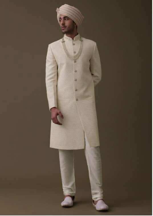 Off White Silk Sherwani Set With Lucknowi Embroidery And Mala