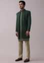 Peacock Green Indowestern Achkan Kurta Set In Raw Silk With Thread Embroidery