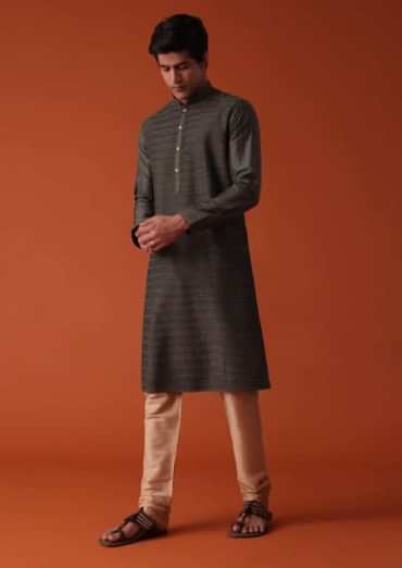 Charcoal Grey Kurta Set In Art Silk With Heavy Pleating