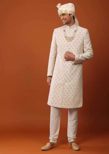 Ivory-White Sherwani Set in Silk With Sequins Embroidery
