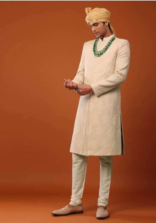 Peach Pink Sherwani Set In Textured Silk With Embroidery