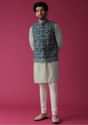Cobalt Blue Jacket Kurta Set In Silk With Threadwork And Sequins