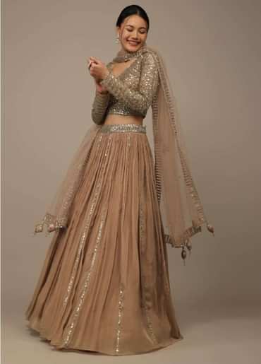 Beige Festive Sequins And Zari Embroidered Lehenga Set In Chinon