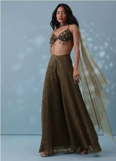 Dusty Brown Fancy Indowestern Palazzo And Bustier In Lycra Sequins With Choker