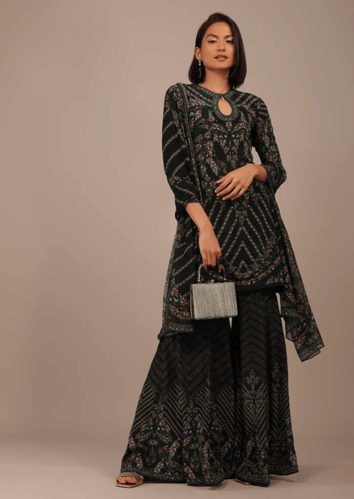 Black Printed Sharara Suit With Stone Work In Crepe