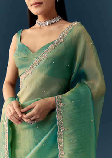 Sea Green Embroidered Tissue Saree with Unstitched Blouse