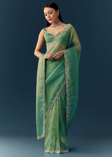 Sea Green Embroidered Tissue Saree with Unstitched Blouse