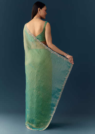 Sea Green Embroidered Tissue Saree with Unstitched Blouse