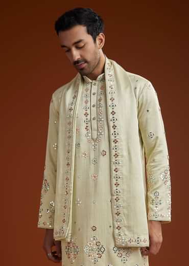 Sea Green Mirrorwork Kurta Jacket Set With Dupatta