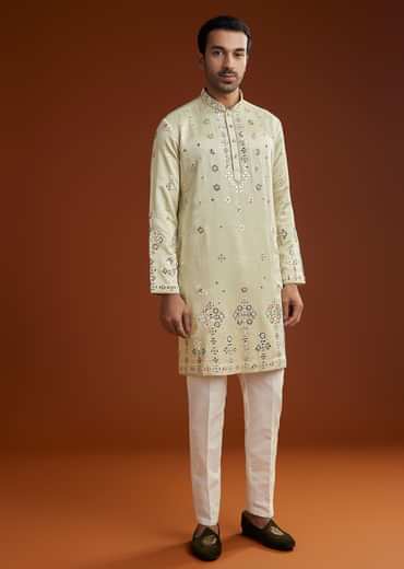 Sea Green Mirrorwork Kurta Jacket Set With Dupatta